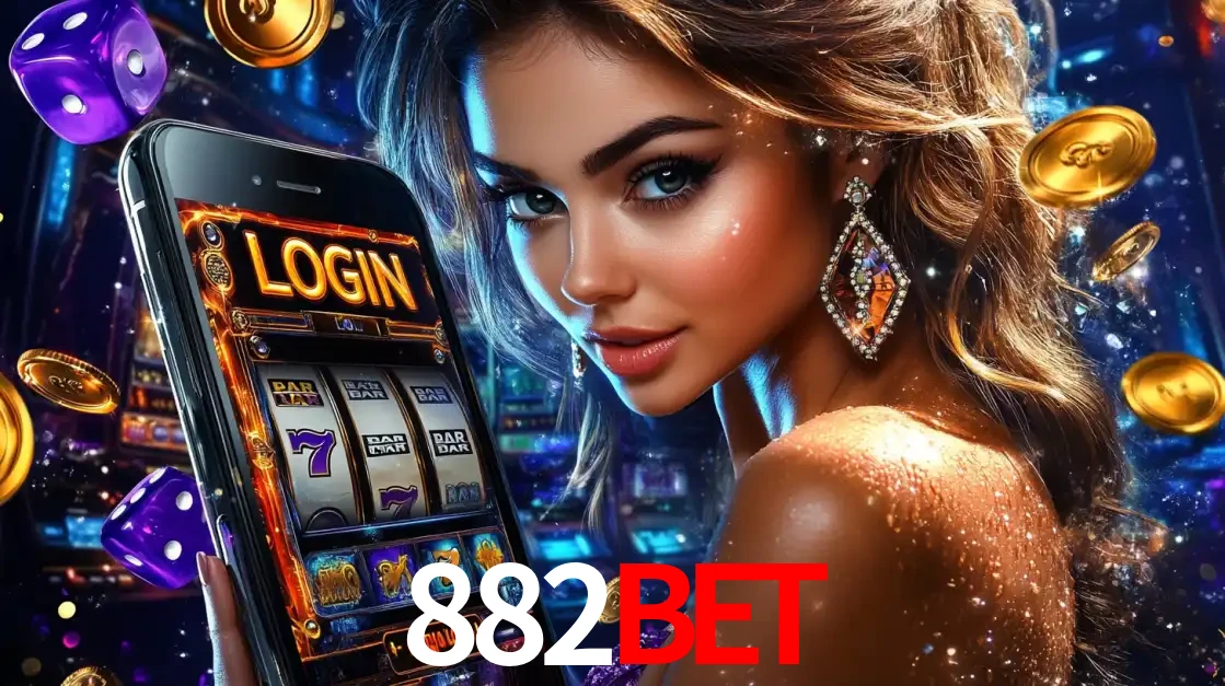 Mulher glamorosa segurando um smartphone com a tela de login para os jogos de caça-níqueis do cassino online 882BET, com moedas de ouro e dados ao redor.