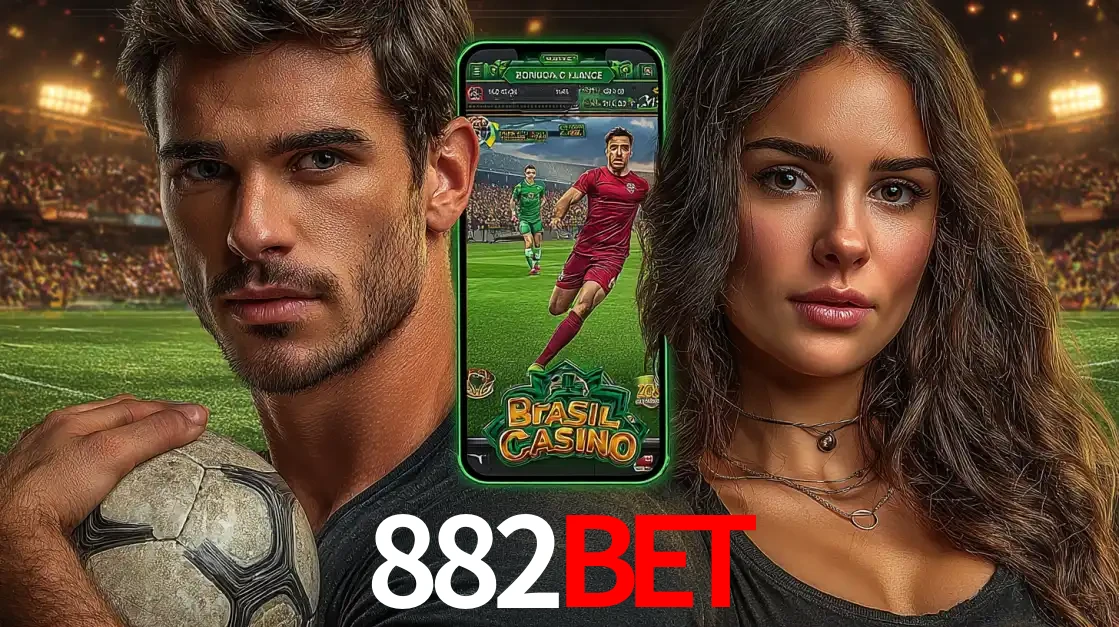 Homem segurando uma bola de futebol e uma mulher ao lado de um smartphone exibindo o jogo de apostas esportivas da 882BET. Faça seu palpite no cassino online.
